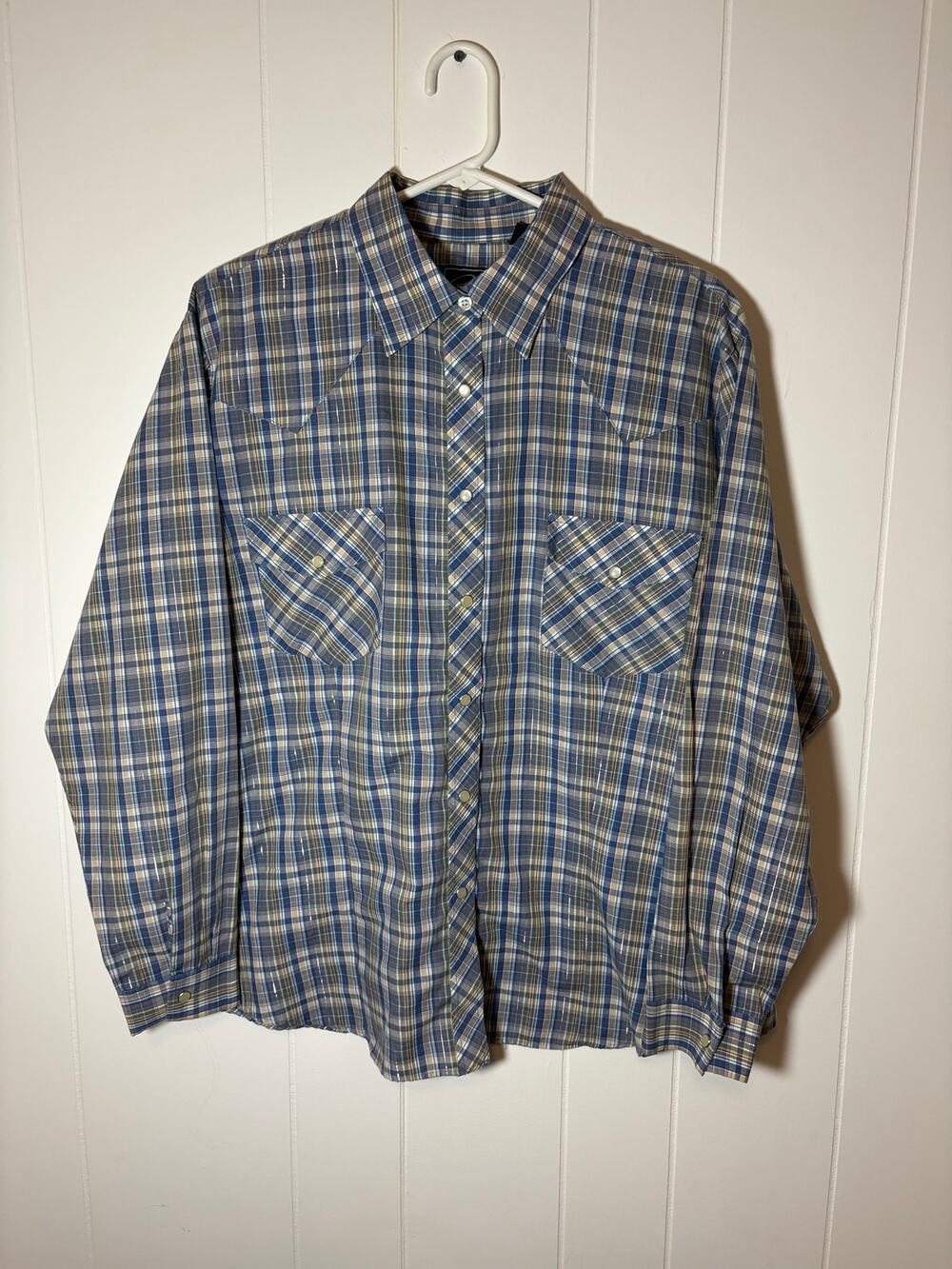 Roper Western Pearl Snap Shirt Mens 2X XXL Plaid Metallic Silver Thread L/S